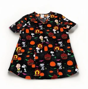 NEW Peanuts Halloween Spooky Snoopy/Charlie Brown Women's V-Neck Scrub Top (MED) - Picture 1 of 13
