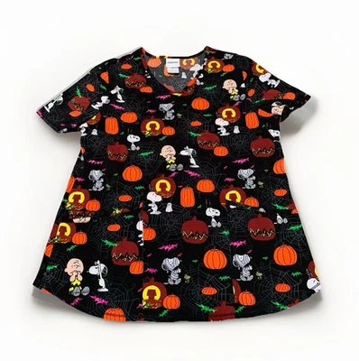 NEW Peanuts Halloween Spooky Snoopy/Charlie Brown Women's V-Neck Scrub Top (MED) - Image 1 of 4