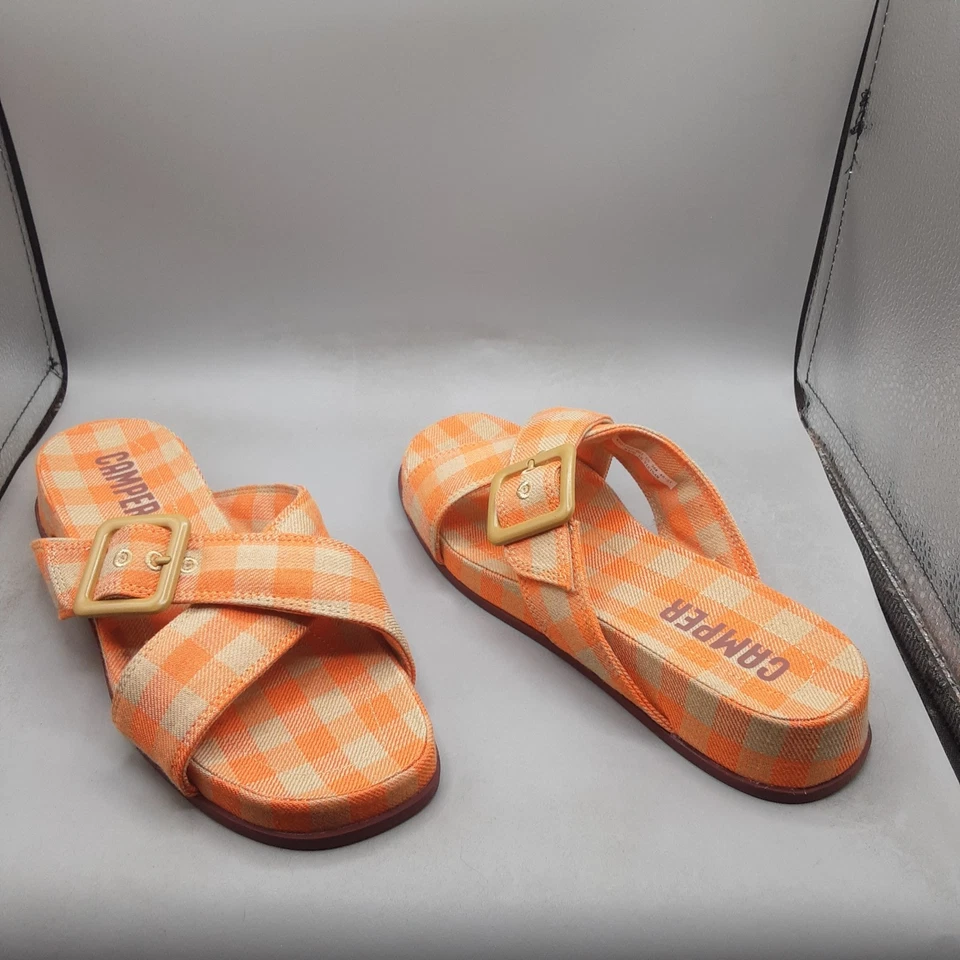 Женские сандалии-шлепанцы Camper Atonik Criss-cross 8 М оранжевые разноцветные клетчатые A206 - Изображение 1 из 4