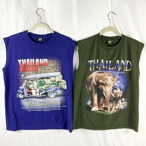 Vintage Pair of Thailand Souvenir Graphic Muscle Tank Top Shirts Men's Large - Picture 1 of 6