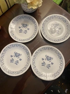 VINTAGE SET 4 CORELLE BLUE HEARTS SPONGE 6.75 DESRET SALAD SIDE PLATES EUC - Picture 1 of 4