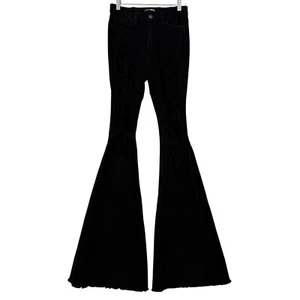 Fashion Nova Jeans Junior's 3 Midrise Bell Bottom Jeans Raw Hem Distressed Black - Picture 1 of 17