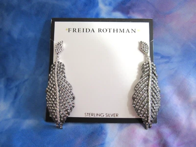 Brincos de penas pendurados FREIDA ROTHMAN prata esterlina CZ pavê poste traseiro novo com etiquetas - Imagem 1 de 4