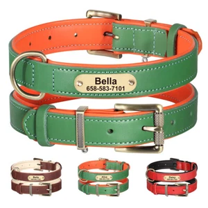 Leather Personalised Dog Collar Padded Engraved Name Tag Adjustable S-L Bulldog - Picture 1 of 17