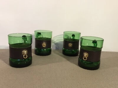 Vintage Set Of 4 Emerald Green Glass Tankard Mugs  With Removable Leather Straps - Изображение 1 из 4