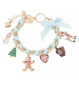 Bracciale Betsey Johnson tono oro blu vacanza inverno charm pupazzo di neve cervo cacao - Foto 1 di 2