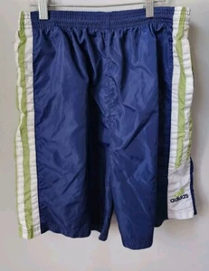 Vtg Adidas Nylon Shorts Medium Striped Running Soccer Blue 90s 80s Navy & Green - Picture 1 of 9