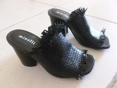 NEUF SUPERBE SABOT MARQUE MINELLI CUIR TRESSE NOIR BORDURE A FRANGES TAILLE 35 - Photo 1/4