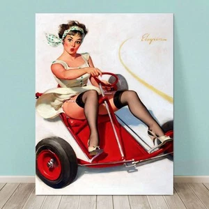 VINTAGE Pin-up Girl CANVAS PRINT Gil Elvgren 32x24" Sharp Curves Drag Racer - Imagen 1 de 1