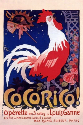ROOSTER SINGING COCORICO OPERETTE BIRD PARIS THEATER FRENCH VINTAGE POSTER REPRO - Image 1 of 3