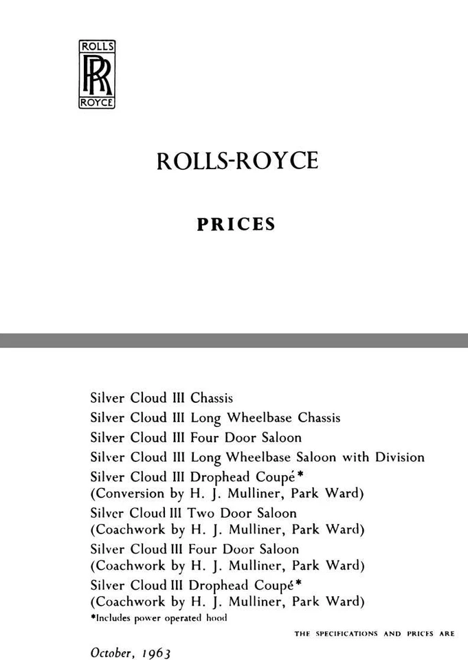Rolls Royce 1963 - Rolls Royce Prices (Silver Cloud III) October 1963 - Image 1 of 1
