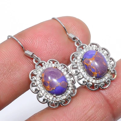 Purple Copper Turquoise & CZ 925 Sterling Silver Earring 1.29" S15 - Image 1 of 3