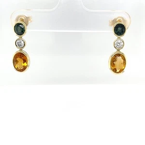 14 Karat Gelbgold Citrin, grüner Saphir und Diamant Tropfen Ohrringe - Bild 1 von 6