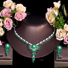 Green Zircon Flower Long Drop Earrings Necklace Silver Plated Bridal Jewelry Set