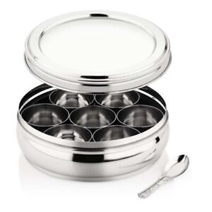 Masala Dabba 8 Inch Spice Containers Stainless Steel See Thru with Spoon 7 Cups