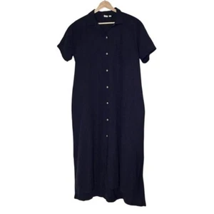Gap Linen Blend Midi Shirt Dress SIze M Navy Blue Short Sleeve Minimalist Pocket - Picture 1 of 10