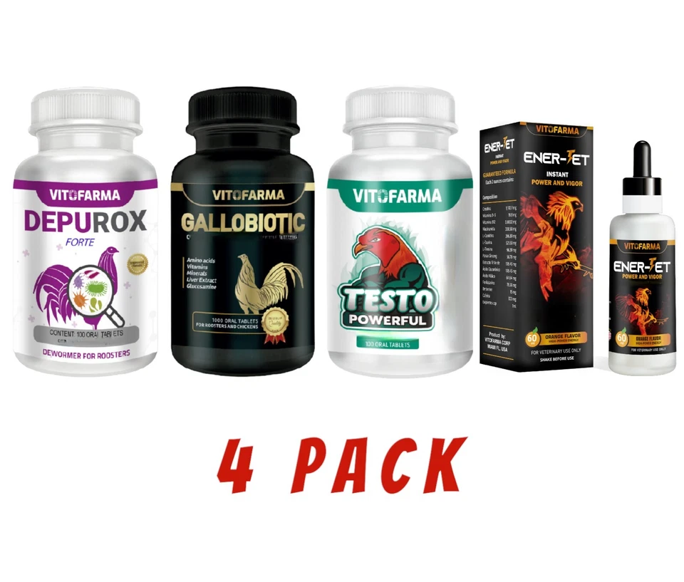 VITOFARMA COMBO 4×1 PARA GALLOS - DEPUROX, TESTO POWERFUL, GALLOBIOTIC, ENER-JET EX. 10/27