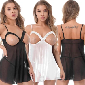 Women Sexy Lingerie Set Lace Open Cup See Through Tulle Dress Babydoll Nightwear - Picture 1 of 26