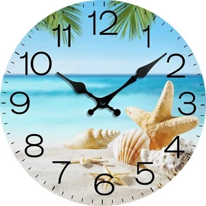 Tropical Beach Seashells Wooden Clock, Blue Sea, Silent Clock, 30cm - STUNNING - Picture 1 of 3