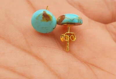 Natural Turquoise Stud Earrings in Solid 18k Yellow Gold- Full Handmade Earring - Image 1 of 4