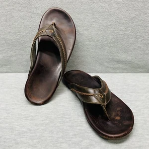 OLUKAI MEA OLA - Men's Slide Flip Flops Shoes Size 13 Brown Leather B6 - Picture 1 of 9