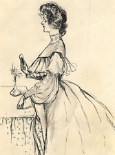 Dorothy B.M. Kerr, Edwardian Lady in Bustle Dress – c.1902 pen & ink drawing