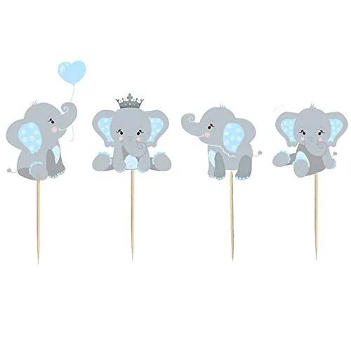 Toppers de cupcakes azul y gris tema elefante decoraciones de baby shower para niño Foto 1 de 4