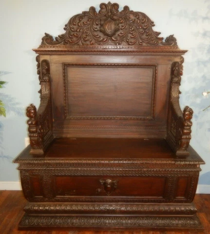 Highly Carved European Victorian Hall Seat/Bench Settle Italy Cover