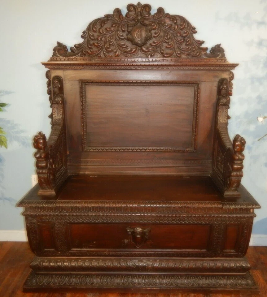 Резное европейское викторианское прихожее сиденье/скамейка посуда Италия - Изображение 1 из 4
