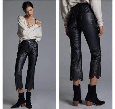 Anthropologie Faux Leather Pants Black Scallop Eyelet Hem Crop US 10 - Image 1 of 4