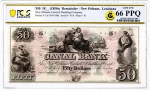 1850s $50 Canal Bank New Orleans, Louisiana Obsolete Note PCGS GEM-66 PPQ GCC - Picture 1 of 3