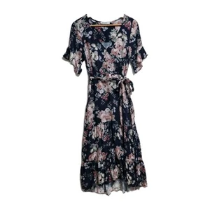 Just jeans vneck dress size 6 fit flare blue floral short sleeve midi belt - Picture 1 of 20