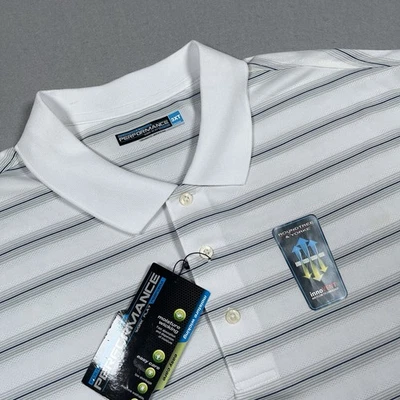 Polo de rendimiento Roundtree & Yorke 3XT para hombre blanco azul gris a rayas Foto 1 de 4