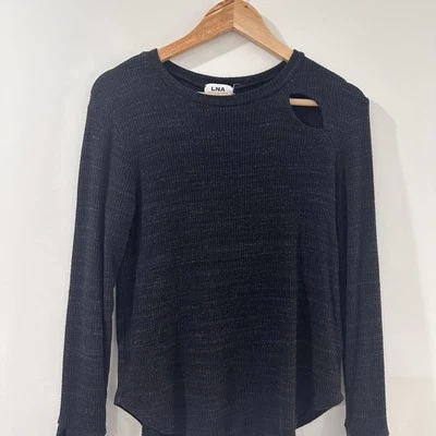 LNA slub sweater long sleeve ribbed cut out knit top XS black Boho Casual - Image 1 of 4