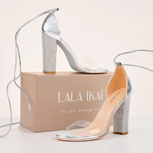 LALA IKAI Women’s Gold High Heels Sandals with Rhinestone Ankle Strappy Clear 10 - Picture 1 of 6