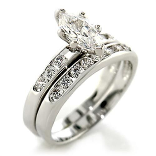 Marquise engagement ring set wedding band 2 carat silver cz stainless steel 1319