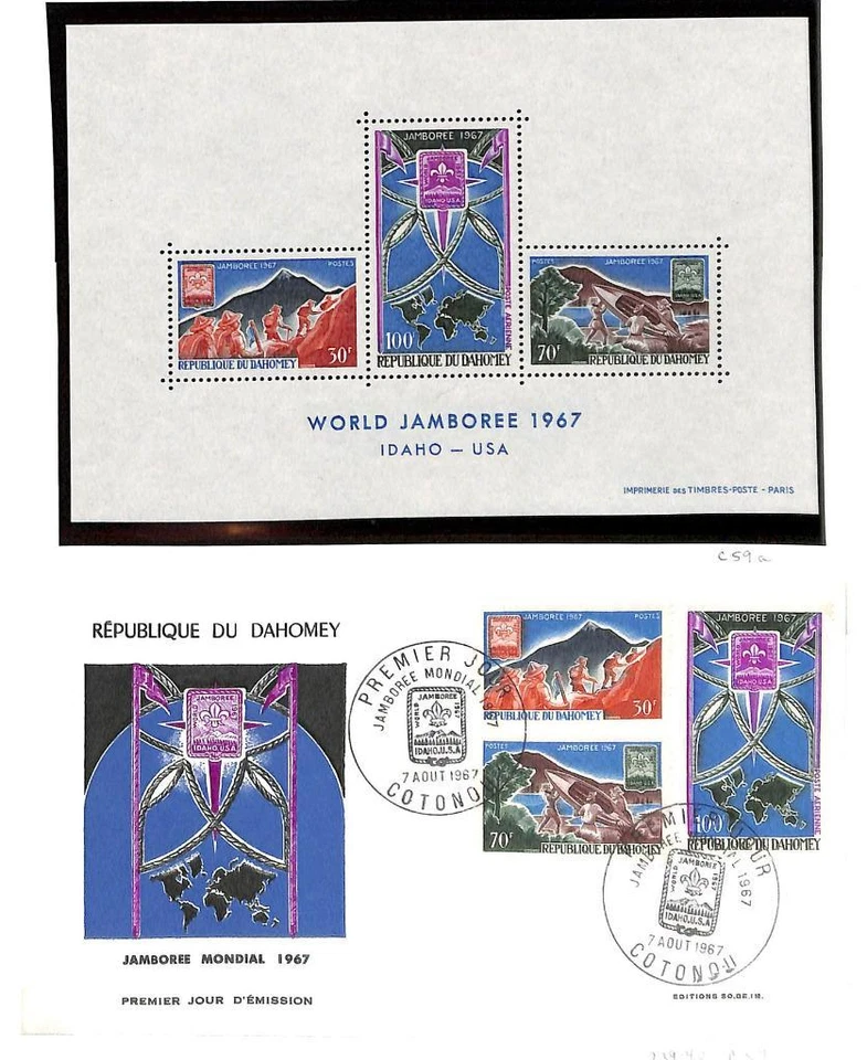 DAHOMEY BOY SCOUTS SCOTT C59a S/S SHEET & #239-40 + C59 STAMPS ON FDC 1967 - Image 1 of 1