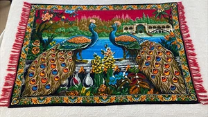 Vintage Güney Banayi Turkish Cotton Felt Wall Hanging Peacocks Tassel Fringe - Picture 1 of 11