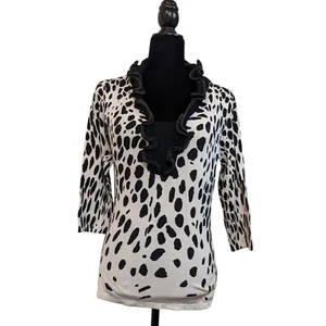 Neiman Marcus 3/4 Sleeve White Black Dots Ruffle Neck Blouse Women's Size Medium - Picture 1 of 6