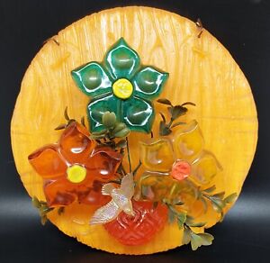 Vintage Lucite Daisy Hippie Flowers In Vase With Bird Plaque Orange Yellow Teal