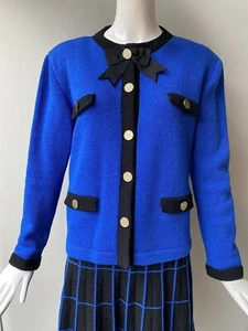 Vintage 80er Jahre Corinne O'Hare 2-teilig gestrickt blau schwarz Rock Anzug - Bild 1 von 9