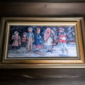 Vintage G. Rose Original Lithograph On Canvas "Winter Girls Day" 16" X 28" 🖼️ - Picture 1 of 7