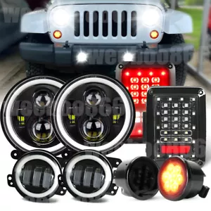 7" Halo LED Headlights Turn / Fog / Tail Lights For Jeep Wrangler JK JKU 2007-18 - Picture 1 of 19