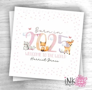 Personalised handmade Card Welcome New Baby born in 2025 Boy Girl Cute Animals - Picture 1 of 2