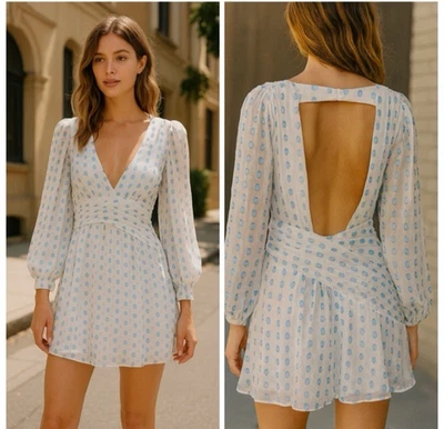 Mini Vestido For Love & Lemons Blanco Azul Lunares Manga Larga Espalda Abierta Seda M Foto 1 de 4