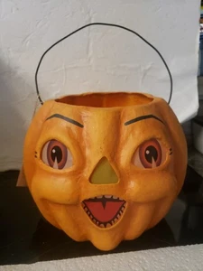 Vtg Antique Large Jack O Lantern Paper Mache Bucket Spunky 7" T X 9" Choir Lowe - Picture 1 of 7