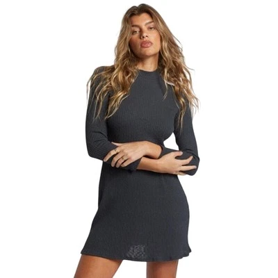 Billabong Dress Womens Medium Gray Ribbed Long Sleeve Crewneck A Line Dawn Mini - Image 1 of 4