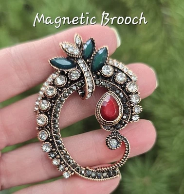 Broche Magnético Precioso Cristal Rojo Verde, Tono Cobre. Broche sin prendedores navideños Foto 1 de 4