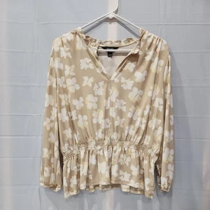 Simply Vera Wang Top Large Women's Brown white yellow Waist elastic Shirt blouse - Picture 1 of 7