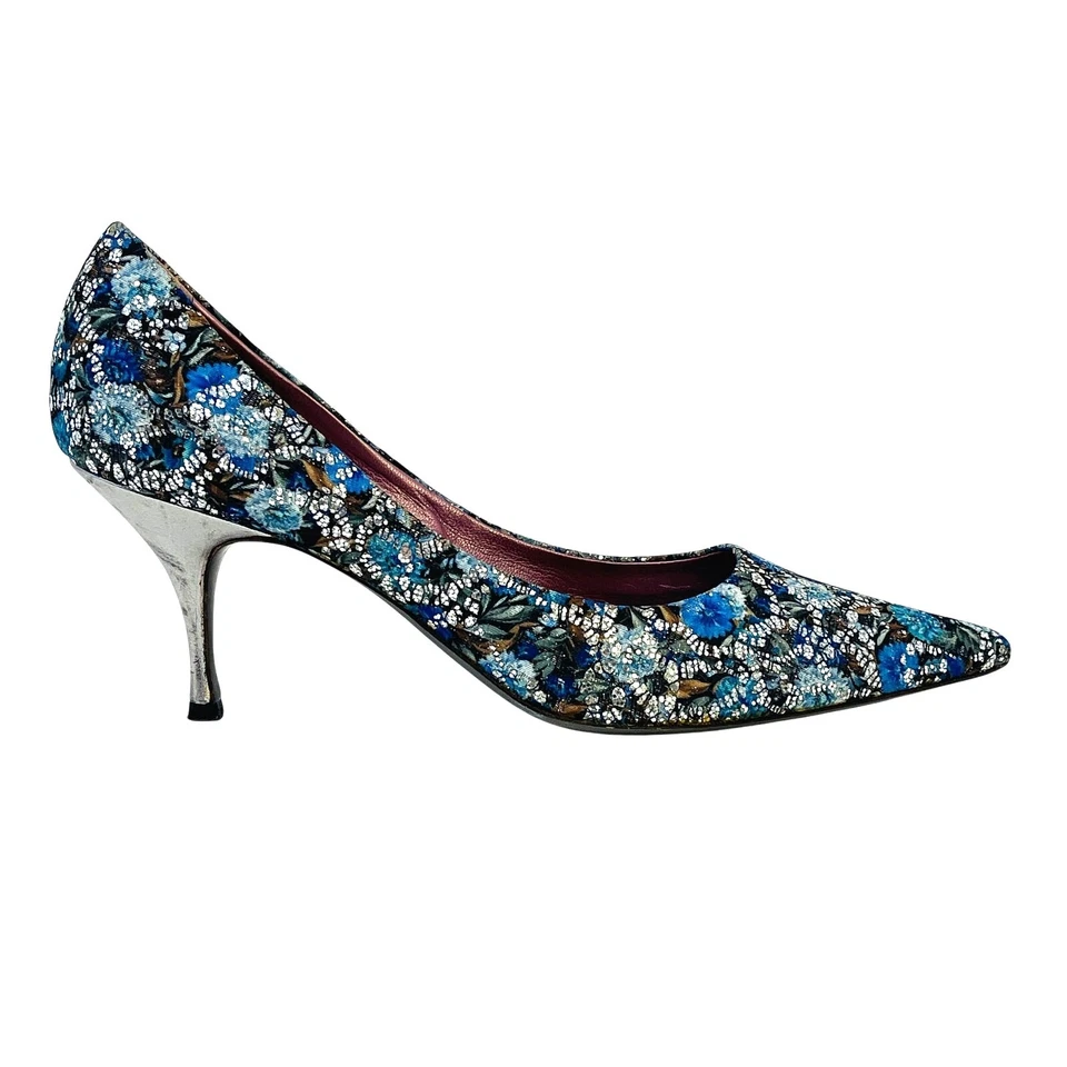 Tacones Jean-Michel Cazabat azul y plata tapiz brocado 70 mm EE. UU. 8 UE 38,5 Foto 1 de 4
